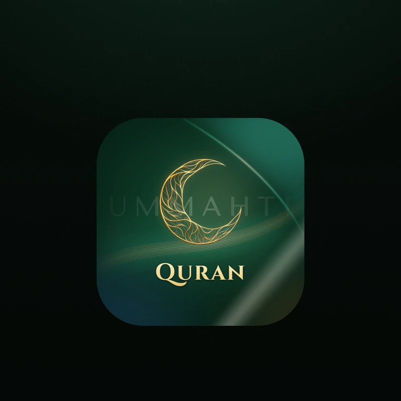 The approved Ummahti Quran logo formed in gold on emerald glass.