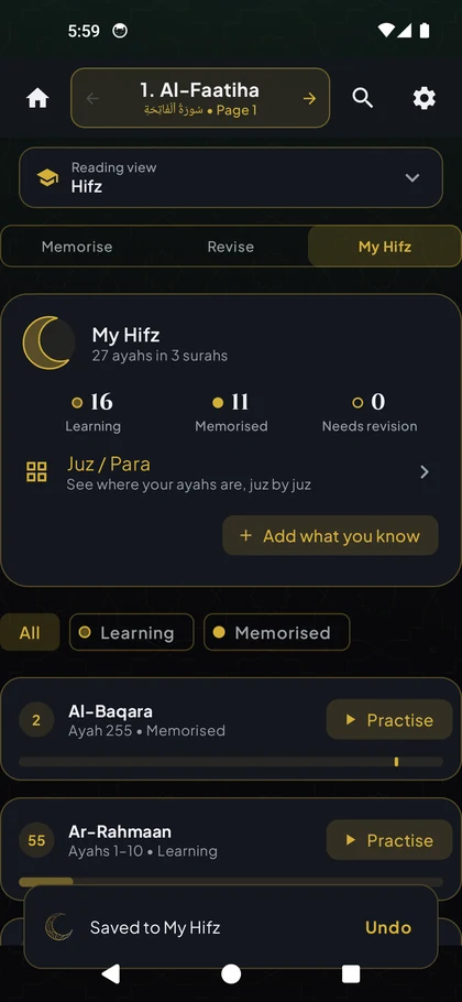 Current My Hifz screen, showing separately recorded passages grouped by surah.